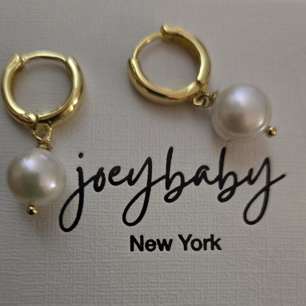 Gold Hoop Earrings with Pearl Charm